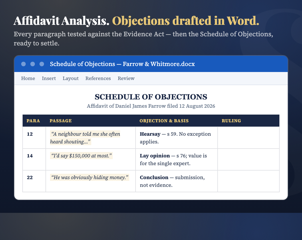 Affidavit Analysis — a Schedule of Objections drafted in Word, grounds cited for checking