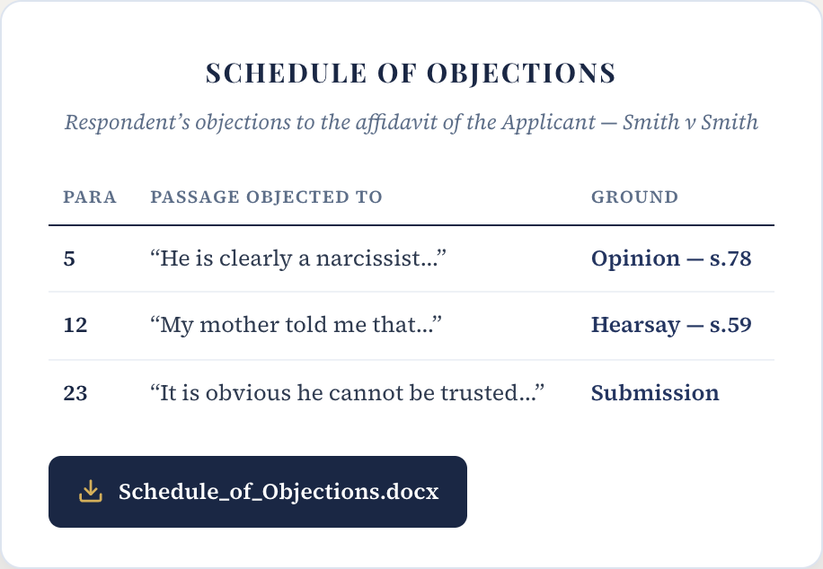 Court-ready Schedule of Objections, exported to Word