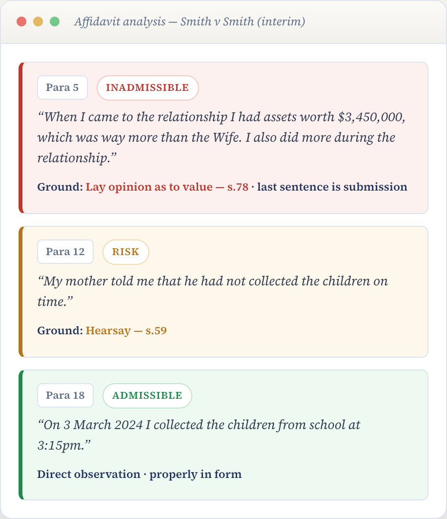 Affidavit analysis — every paragraph flagged inadmissible, risk or admissible