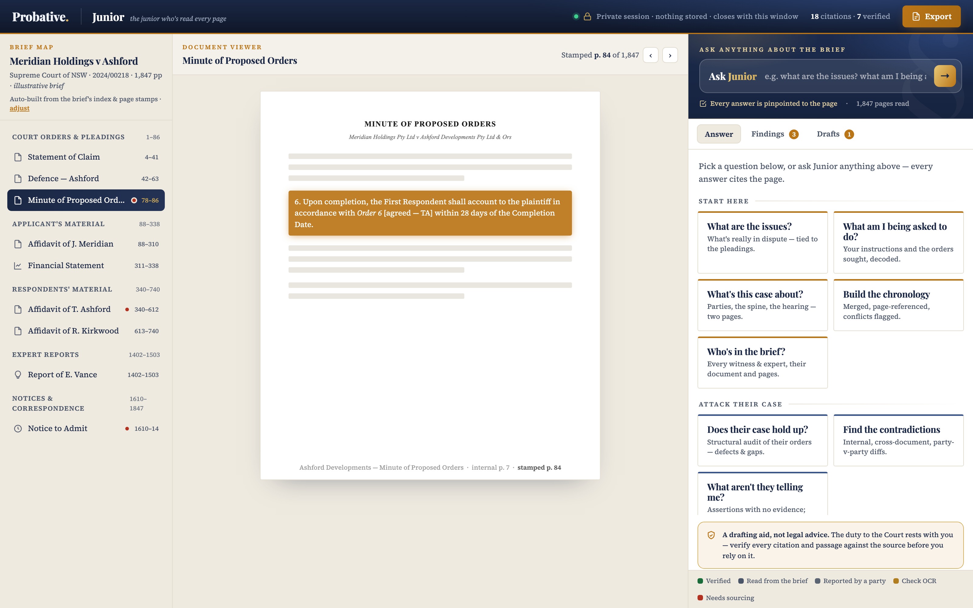 Junior — a briefed barrister's brief interrogated, every answer cited to the page