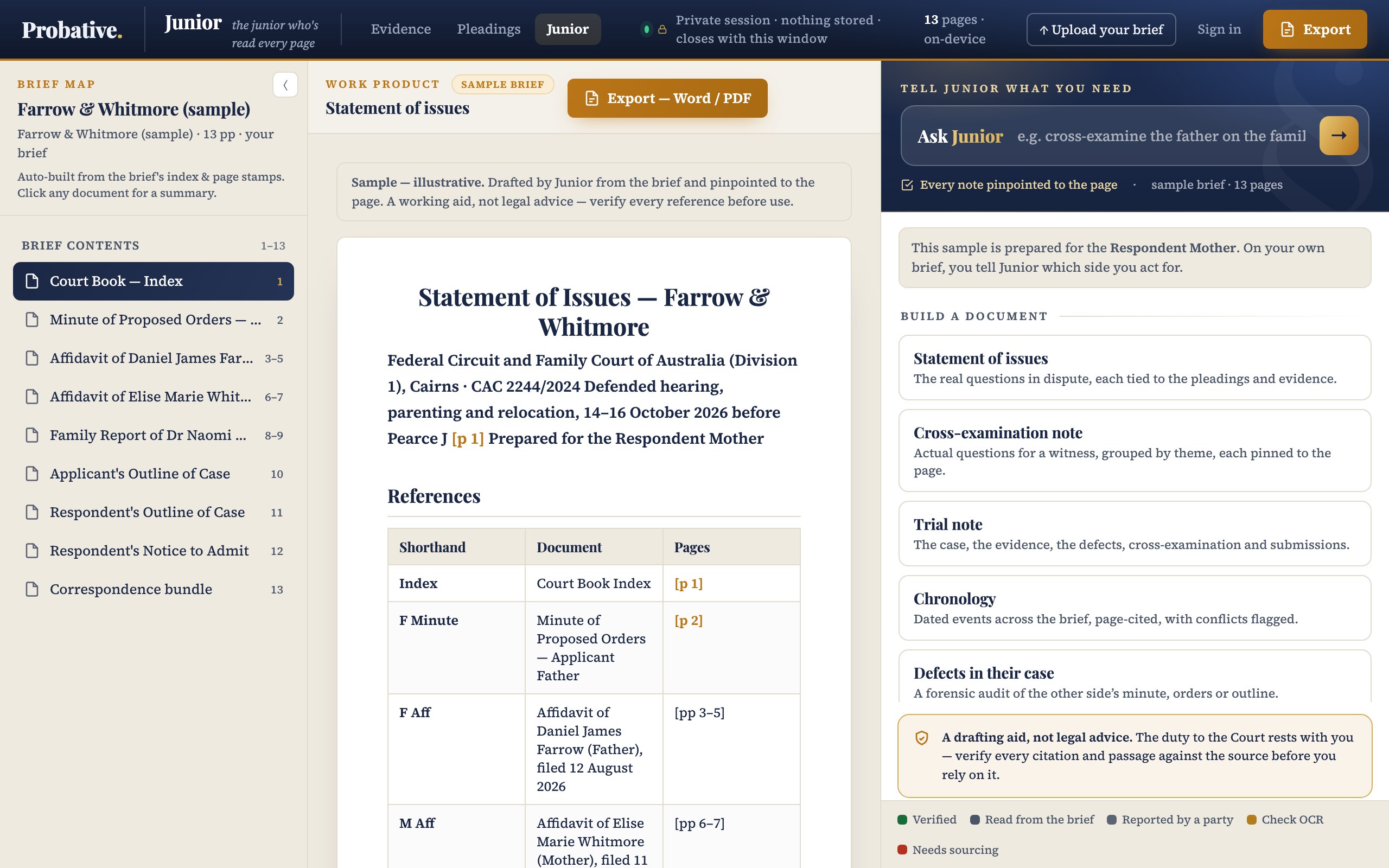 Junior — brief map, work product and Ask Junior bar